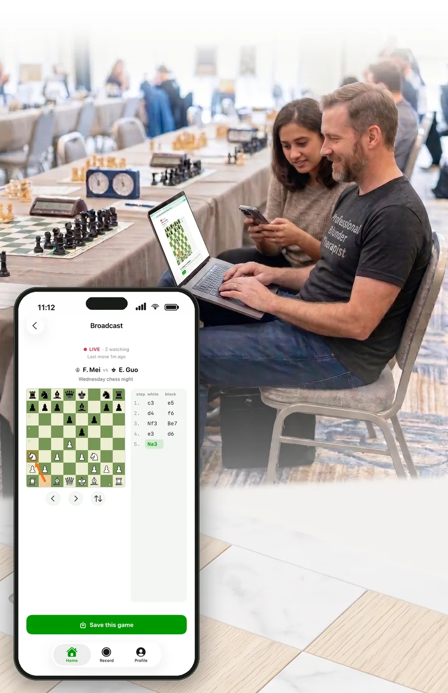 Two spectators at a tournament following a game — one on a laptop in a browser,
              one on a phone — beside the app's broadcast screen showing the live position and moves.