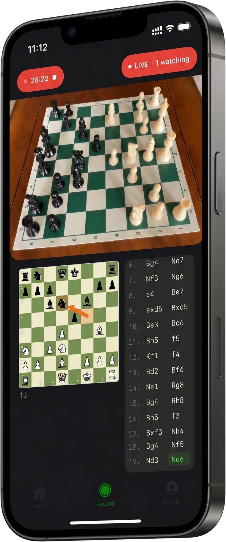 NotateMate recording a game: the board seen through the camera, the
                  position below it, and the moves written out beside it.